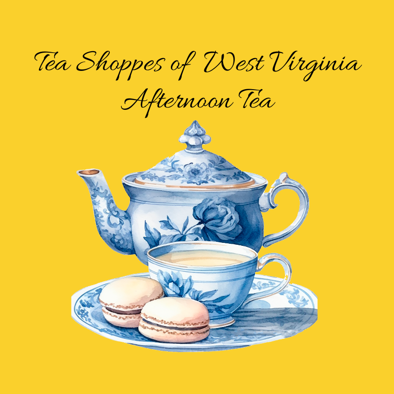 Tea Shoppes of West Virginia teapot with tea cup and scones